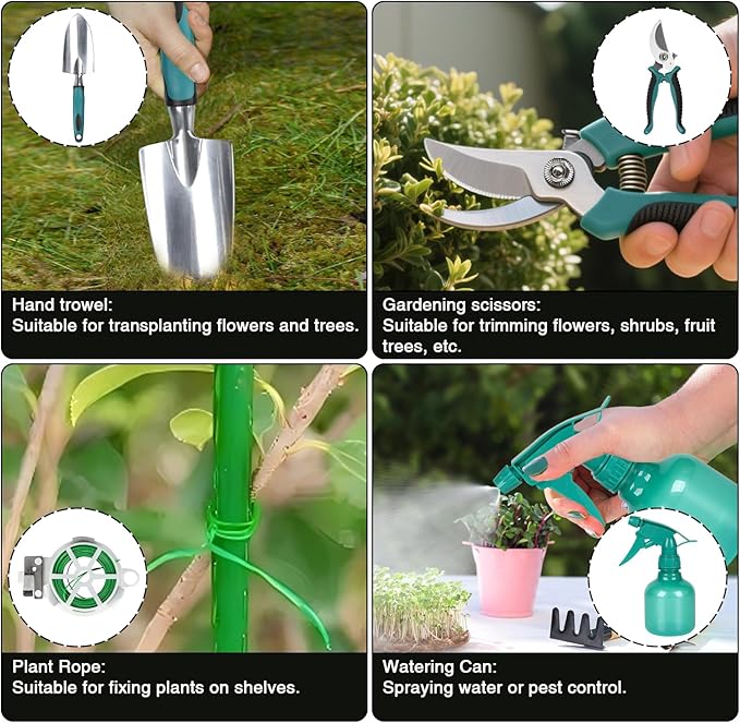 Garden Tools, Gardening Tool Set with Non-Slip Handles, Lightweight Aluminum Alloy Rust-Proof Gardening Hand Tools with Gloves Ideal Gardening Tools Gifts for Women and Men (11 Pcs)