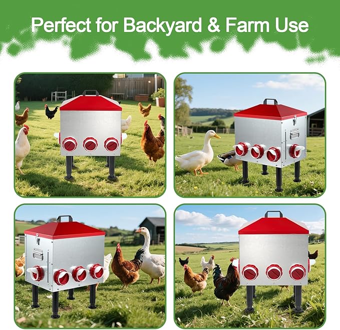 Large Automatic Chicken Feeder, 55LBS Chicken Feed Dispenser with Lid, 8 Feeding Ports, Adjustable Legs, Rodent Free, Waterproof Outdoor Metal Poultry Feeder