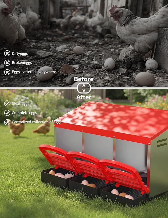 Chicken Nesting Box with Nesting Pads, Galvanized Steel Nest with Roll Away Egg Collection & Swing Perch, Easy-Clean Laying Box for Hens, Heavy Duty Design for Chicken Coop