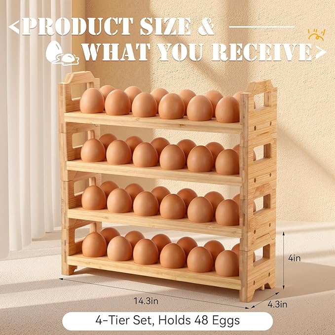 LemonRoad 4 Tier Wooden Egg Holder for Countertop, Bamboo Stackable Fresh Egg Storage Farmhouse Collecting Rack for Gathering Kitchen Organizer Duck Eggs Display, Stackable with 48 Eggs