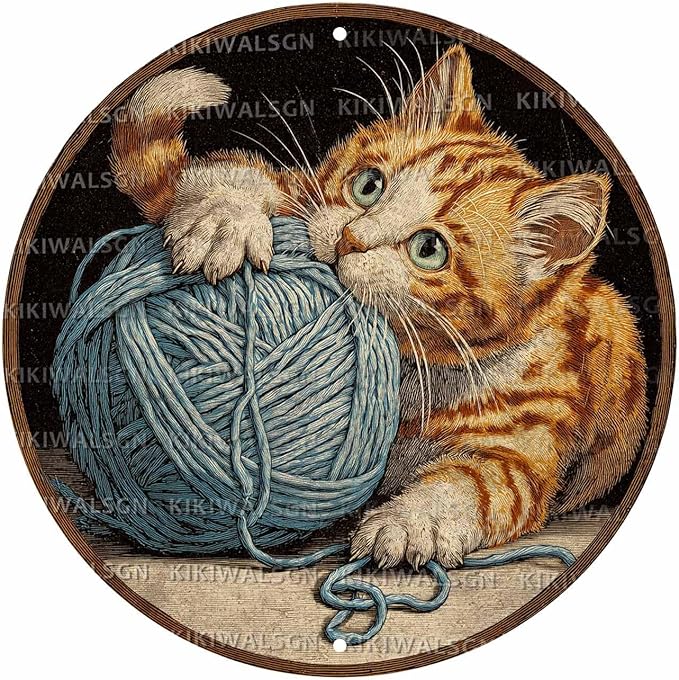 Vintage Orange Tabby Round Metal Sign Retro Yarn Ball Tin Sign Nostalgic Cat Lovers Wall Decor Decorations for Home Bedroom Living Room Cafe Bar Bathroom Shop 8 * 8 In