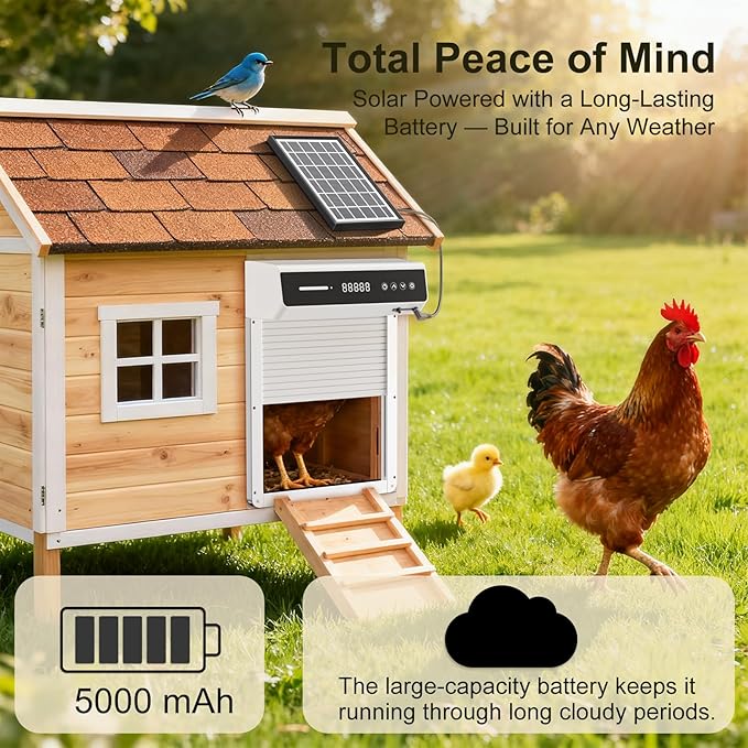 Automatic Chicken Coop Door Solar, Battery Powered & Weatherproof Aluminum, Timer Modes for Safe and Convenient Chicken, Easy Install, Reliable All-Season Performance (White+Black)