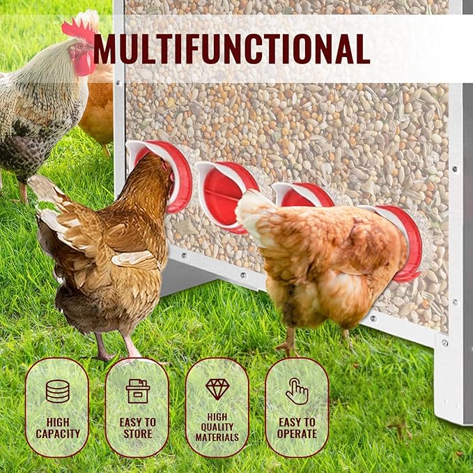 10 Ports Automatic Chicken Feeder 85 Pounds Large Gravity Fed Chicken Feeder with Latch & Handle for Chickens Bantams Pheasants Poultry Coop Weatherproof