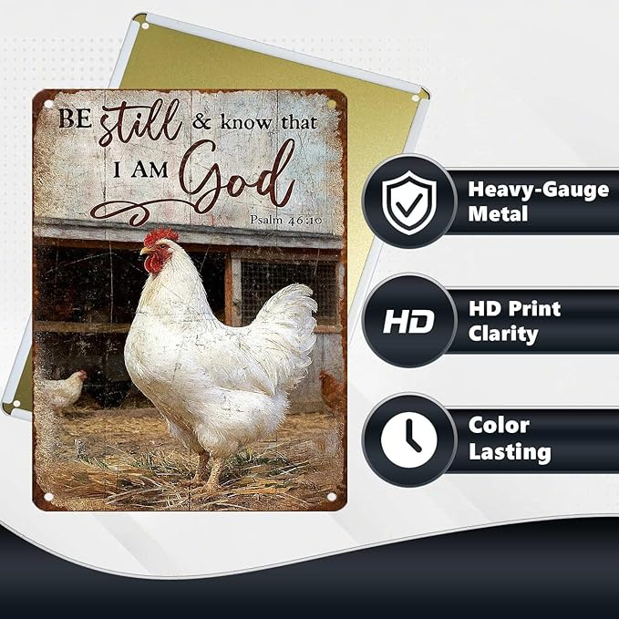 Chicken Signs Rooster Kitchen Decor Be Still And Know That I Am God Tin Signs Vintage Coop Metal Decor Rustic Wall Art For Home Farmhouse Farm Room Poultry House Yard Cafe 16 * 12 In