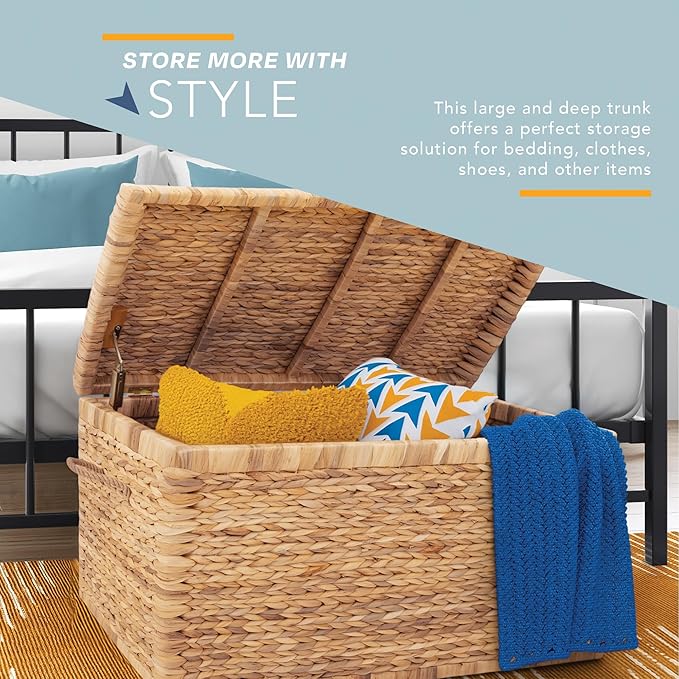 ClickDecor Storage Trunk, Farmhouse Style, Extra Large (33”), Deep, Woven Wicker Chest With Metal Frame, 2 Handles, Flip Top Lid and Stay Open Safety Hinges, Sustainable Eco Material, Natural Wicker