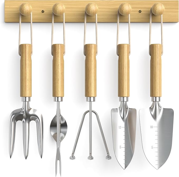 Wood Wall Hooks Organizer Gardening Tool Set, 6-Piece Garden Tools with 5 Sturdy Wooden Hooks for Wall, Rust-Proof Outdoor Garden Tool Set, Gardening Gifts for Women, Coat Rack Wall Mount