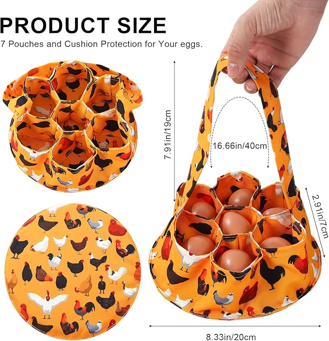 Egg Collecting Basket, Canvas Egg Basket for Gathering with 7 Pouches for Chicken, Duck, Goose, Bird, Various Poultry Collection (Black chicken)