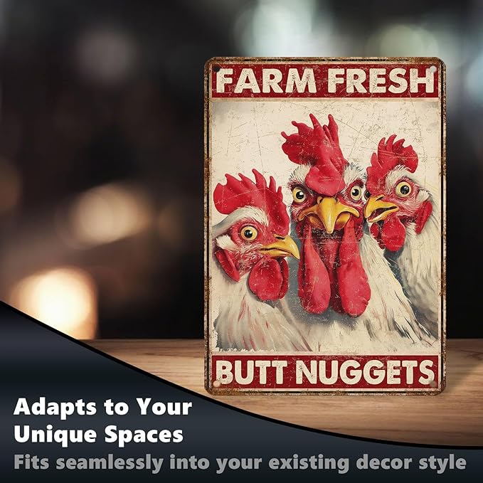Funny Chicken Metal Signs Coop Decor Farm Fresh Butt Nuggets Tin Signs Vintage Farmhouse Poster Rustic Wall Decor For Home Outdoor Farm Poultry House Yard Cafe Kitchen Garden 16 * 12 In