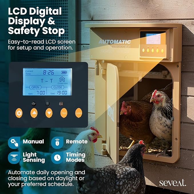 Automatic Chicken Coop Door with Remote Control – 6W Battery Powered, Includes 4×AA Batteries, Auto & Manual Modes, Timing Sensor, 180° Opening/Closing Angle (Light Brown)