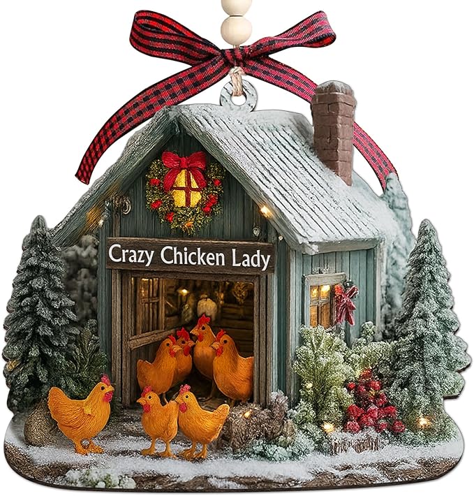 Chicken Ornaments for Christmas Tree 2025 - Farmhouse Decorations Gifts for Chicken Lovers, Farmers, Women, Men - 2D Flat Chicken House Farm Wooden Ornament