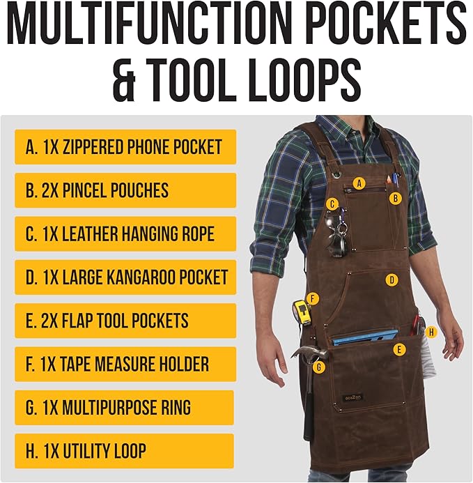 ecoZen 16oz Waxed Canvas Work Apron with Tape Holder - 27 x 34 inches Shop Apron with Elastic Back Strap and Front Pockets, Fully Adjustable, Tough Protection for Men - Brown
