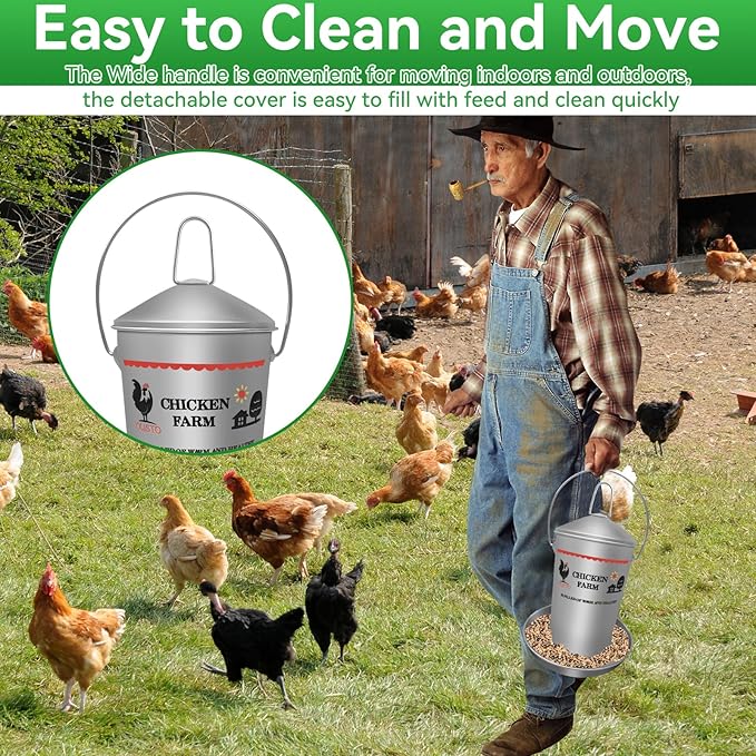 8.8 Lb Stainless Steel Poultry Feeder, Automatic Chicken Feeder No Waste, Hanging Chicken Feeder Heavy Duty Reliable Long-Lasting with Handle, Top Filled
