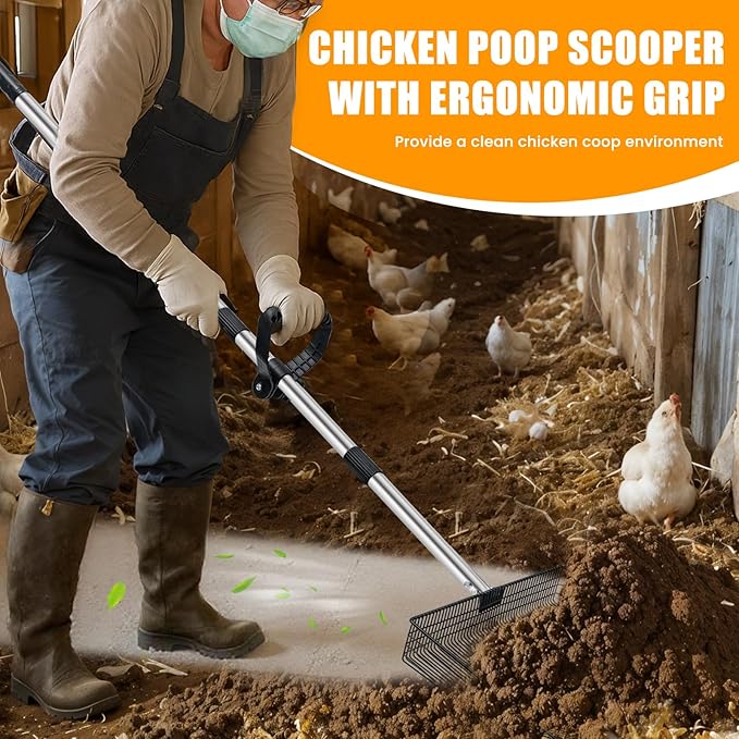 15inch Heavy-Duty Chicken Poop Scooper with Ergonomic Grip, Chicken Coop Scoop with Adjustable Stainless Steel Handle (24-70"), 4-in-1 Litter Sifting Shovel for Chicken Coop Accessories