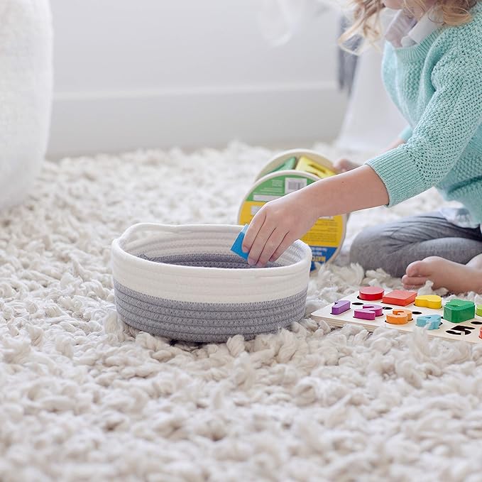NaturalCozy 5-Piece Round Small Woven Baskets Set– Cotton Rope Baskets for Organizing! Montessori Toys, Fruits Remotes Key Tray Bowl for Entryway Desk, Shallow Catchall Home Décor, Cat Dog Bin Gift