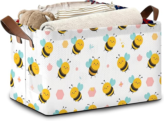 Cute Bee Storage Basket,Collapsible Storage Bin Cubes for Living Room Bedroom Blankets Home Storage 17x11.5x10Inch