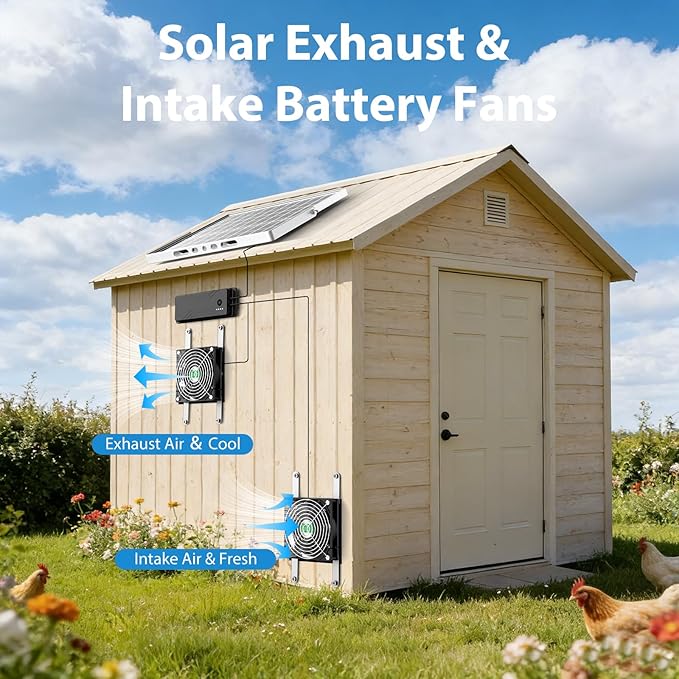 Solar Fan with Battery, Solar Fan for Greenhouse & Chicken Coop, Solar Fans for Outside, Solar Powered Exhuast Fans for Chicken Coop Doghouse Shed Circulation Vent Ventilation Cooling