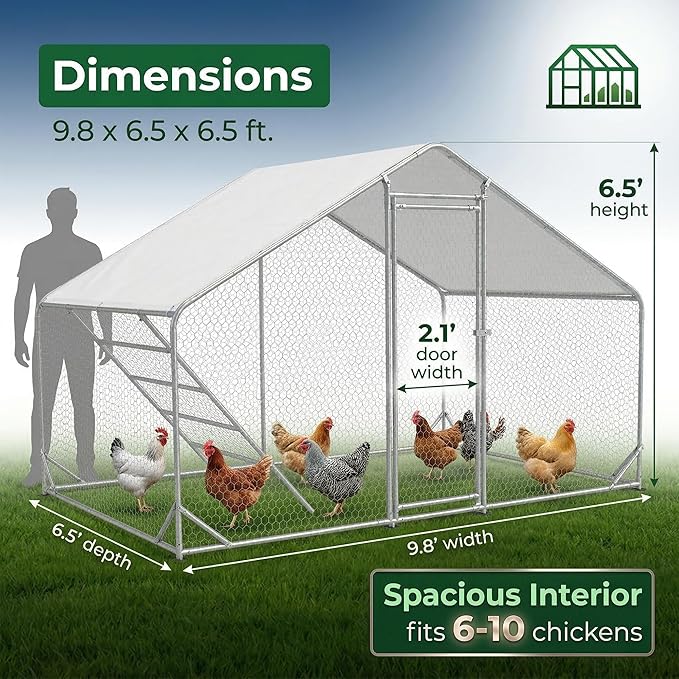 Chicken Coop 9.8x6.5x6.5ft Large Metal Chicken Run for 6/10 Chickens Poultry Cage with Waterproof Cover for Duck Walk-in Chicken Pen for Yard