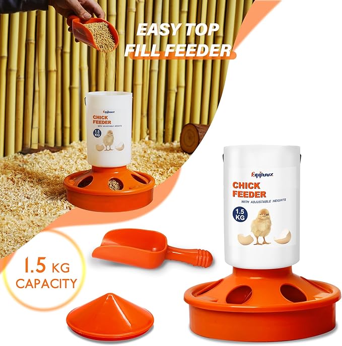 Chick Feeder and Waterer Kit, Top Fill 1.5kg Chick Feeder and 1.5L Chick Waterer with 3 Adjustable Heights