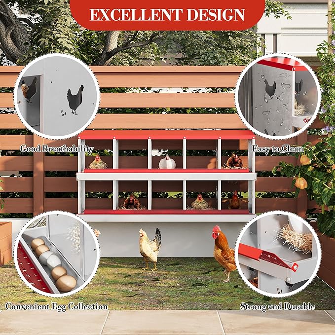 Chicken Nesting Box,10 Compartments Galvanized Steel Metal Chicken Laying Box with Roll Out Egg Collection,Wall Mount Chicken Nesting Boxes,Easy Egg Collection, Hen Roosting Boxes