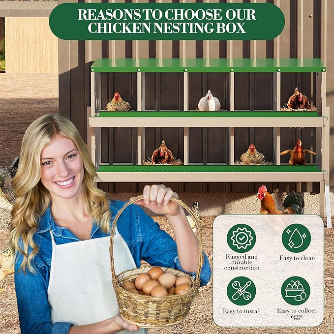 Metal Nesting Boxes for Chickens - 10 Compartments Chicken Roosting Boxes, Chicken Coop Nest Box with Legs, Perch & Lid - Versatile Wall Mount or Free Standing for Backyard Flock, Homestead, Farm