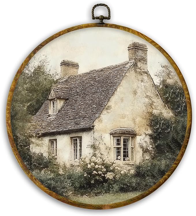 CUANFDDSF Vintage Rustic Countryside Round Wall Art, Retro Farmhouse Framed Hanging Wall Decor, Cottagecore Antique Country Landscape Canvas Prints Decorations for Home Bedroom Living Room, 10x10 Inch