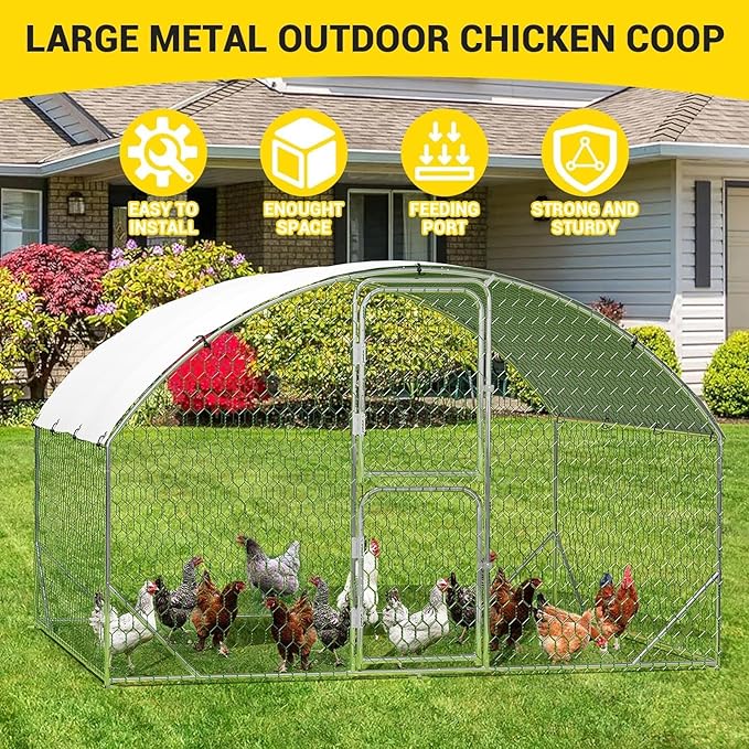 Large Metal Chicken Coop, Walk-in Poultry Cage, Chicken Run Pen House with Reinforcement & Waterproof & Anti-Ultraviolet Cover Chicken Coop Run with Double Lockable Doors for Outdoor 9.8 x 6.5X 6.5ft