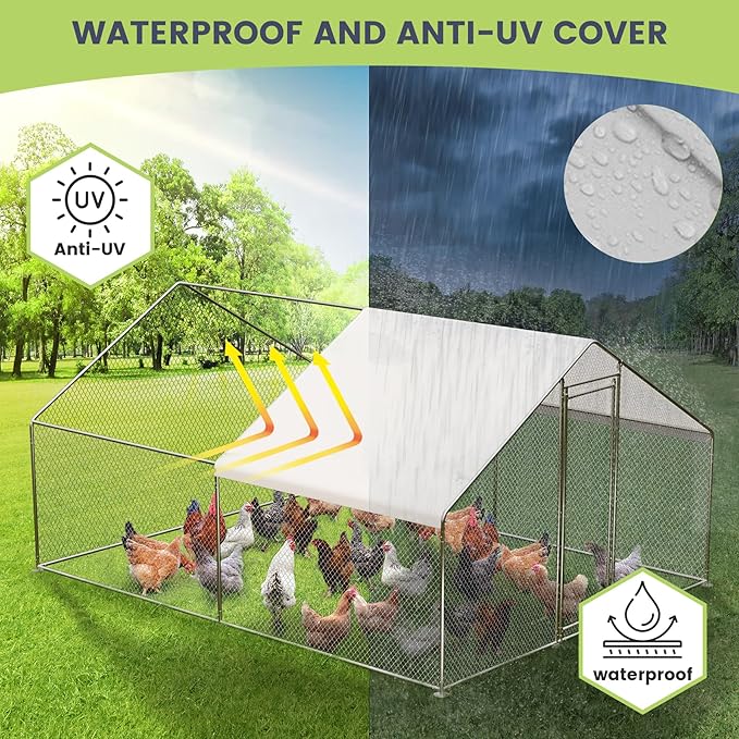 Large Metal Chicken Coop with Run, Walk-in Chicken Coop with Waterproof and Anti-Ultraviolet Cover, Outdoor Poultry Cage & Hen House, Spire Roof Design for Farm Yard, 9.8 x 19.7 x 6.6 FT