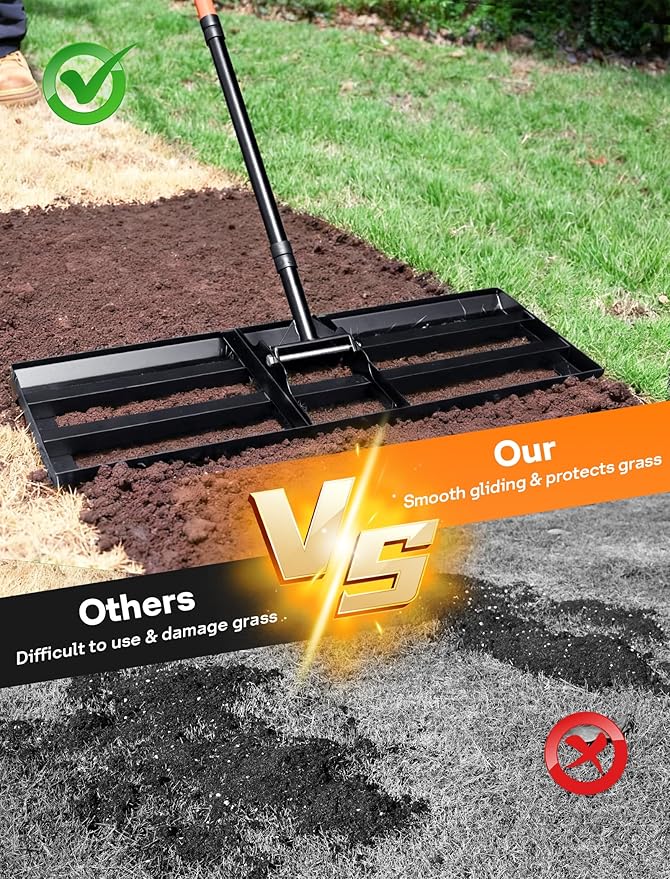 Lawn Leveling Rake 30x10 inch, Heavy Duty Lawn Leveler Tool with 78" Adjustable Handle, Curved Edge & Anti-Fracture Connectors Level Soil or Dirt Ground Surfaces for Backyard, Grass, Golf Course, Farm