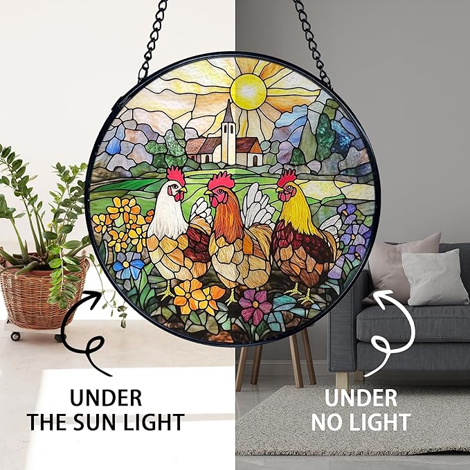 TNUW Chicken Flower Stained Glass Window Hanging, Rustic Farmhouse Chicken Flower Garden Sun Catchers Indoor Window Glass Round Wall Art Decor, Farm Animal Wall Hanging Decorations, 7.9＂x7.9＂