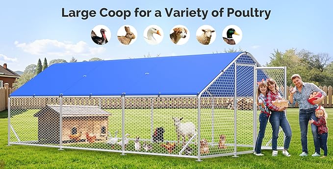 Large Metal Chicken Coop with Hexagonal Chicken Wire, Chicken Coop Run Pen for Yard with Waterproof Cover, Outdoor Large Walk-in Chicken Coops for 30 Chickens Duck Pen House Cage Run