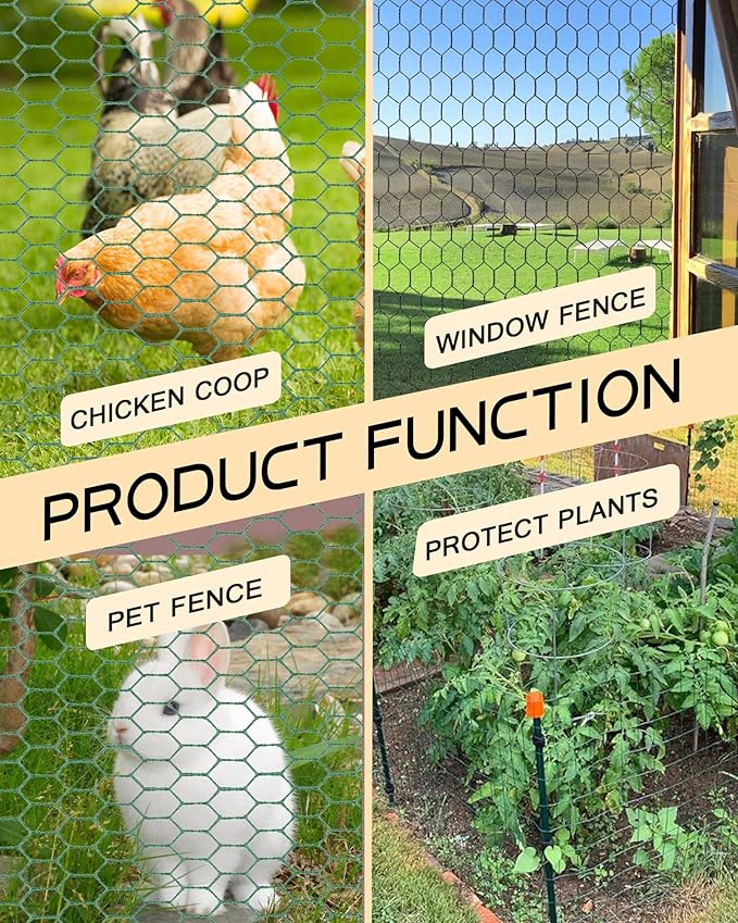 Chicken Wire 15.7in x 393.7in with a Pair of Gloves，1 Wire Cutter，100 Pcs Cable Zip Ties, Floral Chicken Wire Mesh 0.8in Hexagonal Galvanized PVC Coated Garden Netting Fence for Craft Poultry Garden