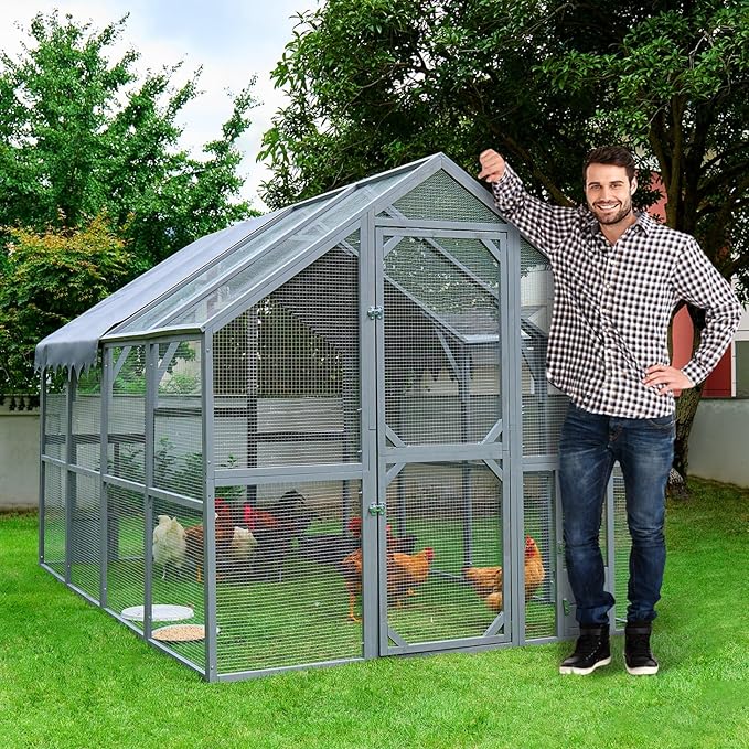 KEIKI 110" L Outdoor Large Chicken Coop with Waterproof Cover, Wire Mesh & 2 Lift Small Doors with Locks, Wood Chicken Coop House with Run for Cat Kitten Playpen, Duck, Rabbit, Quail