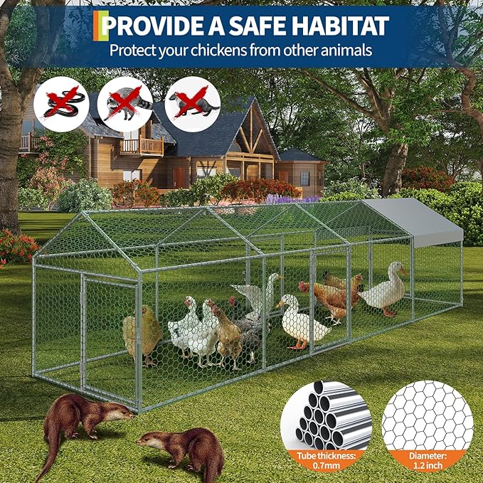 Large Metal Chicken Coop with Waterproof Cover – 120"/160" l x 40" w Chicken Runs for Yard with Cover, Compartments & Doors, Outdoor Chicken Run for Rabbit, Duck, Goose, Backyard Yard (Silver/Black)
