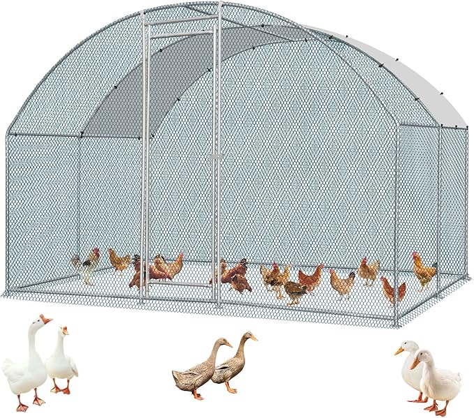 VINGLI Large Metal Chicken Coop, 9.8x9.8x6.5 ft Poultry Cage for Chicken Run, Walk-in Chicken Pen with Waterproof & Anti-UV Cover for Yard Outdoor (Silver-Dome Roof)