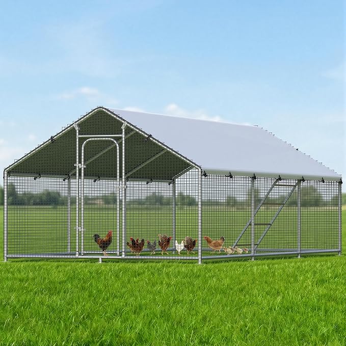 Large Metal Chicken Coop Run with Roosting Perch, Outdoor Poultry Cage with Waterproof & UV-Resistant Cover for Chickens, Ducks, Rabbits in Yard or Farm Use, Spire Roof (8.9'W x17.7'L x 6.6'H)