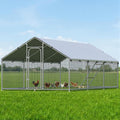 Large Metal Chicken Coop Run with Roosting Perch, Outdoor Poultry Cage with Waterproof & UV-Resistant Cover for Chickens, Ducks, Rabbits in Yard or Farm Use, Spire Roof (8.9'W x17.7'L x 6.6'H)