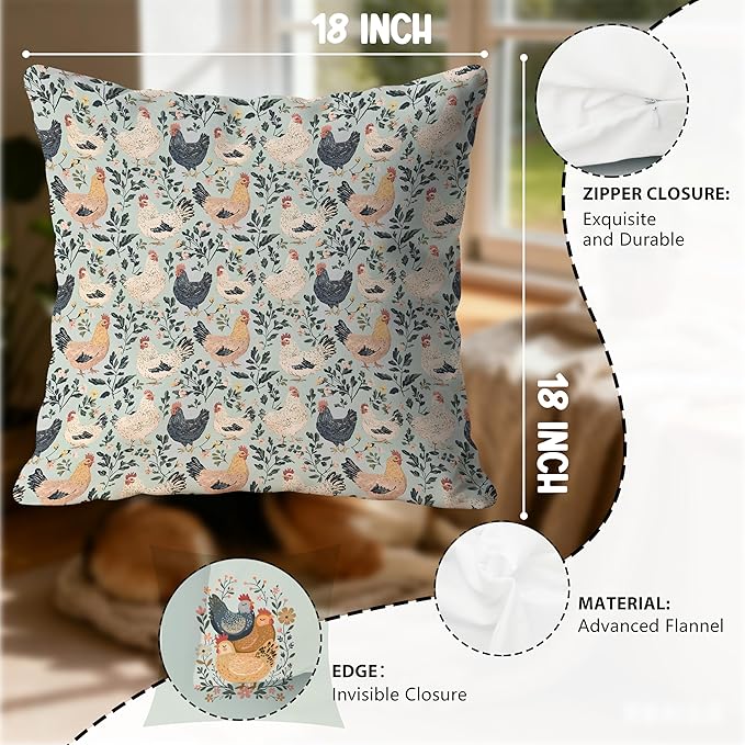 Rustic Floral Chicken Pillow Covers 18x18, Chicken Lover Lady Mom Gifts, Cottagecore Flower Farmhouse Hen Decorative Throw Pillow Covers for Home Bedroom Living Room, Set of 2,Color-2