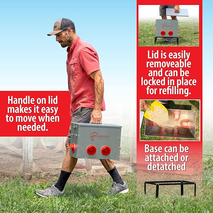 Automatic Chicken Feeder - 40 lb Capacity 6 Port Large Metal Chicken Feeders - with Locking Lid and Legs