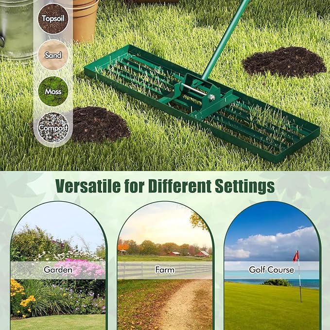 Happygrill Lawn Leveling Rake, Heavy Duty Lawn Level Tool for Soil w/67” Handle, Dirt Ground Leveler, Effort-Saving Landscape Rake for Garden, Backyard, Golf Course, Farm, Pasture (36" x 10", Green)