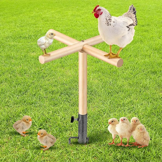 Chicken Perch Toy for Coop 16.54 x 17.72 Inch Wooden Chicken Perch Stand with Metal Ground Plug Chicken Coop Accessories Outdoor Poultry Playground Toys or Poultry Rooster Large Bird Parrot