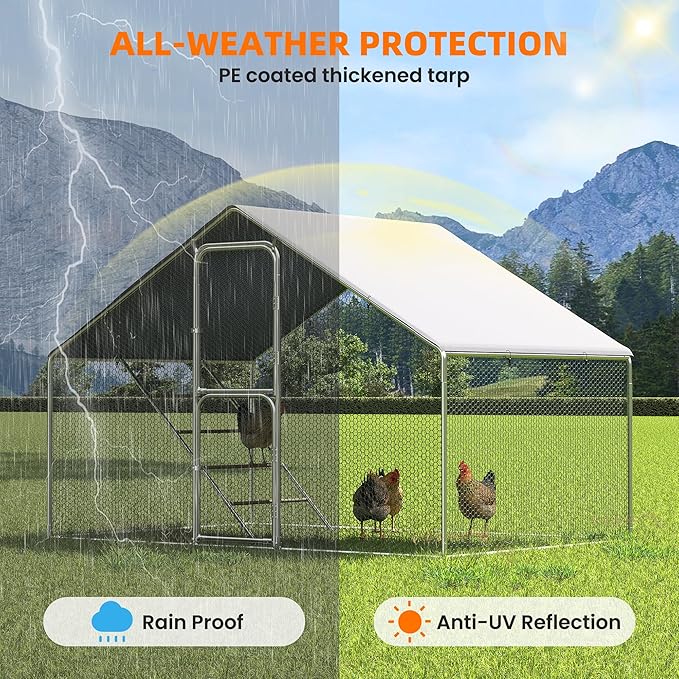 UDPATIO Chicken Coop & Metal Run - Spacious Walk in Pen for 10 Chickens with Double Feed Door, UV-Resistant Cover, Galvanized Frame - Duck & Rabbit House
