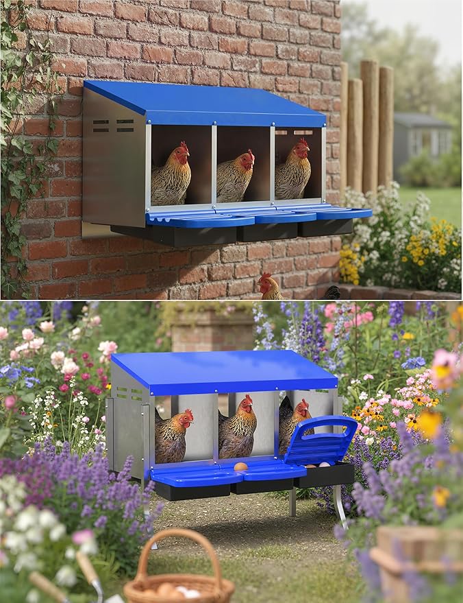 Chicken Nesting Boxes, 3 Hole Metal Rollaway Nest Box for Laying Hens with Cleanable Pull-Out Trays Wall Mount or Placed Design for Easy Egg Collection & Cleaning(Includes Legs)