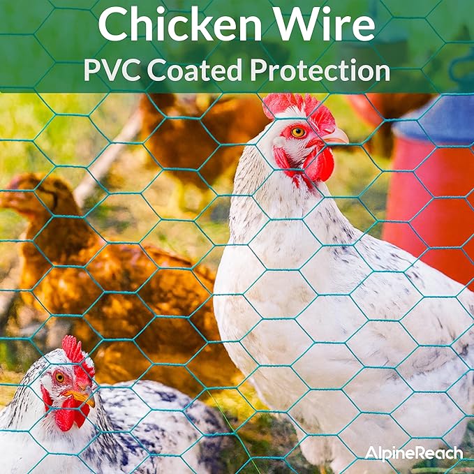 AlpineReach Chicken Wire 1.3ft x 60ft Fencing for Poultry, Crafts, Floral Arrangements, Zip Ties - Green Mesh Roll Galvanized Hexagonal PVC Coated Garden Netting for Gardening Fence (15.6" x 720")