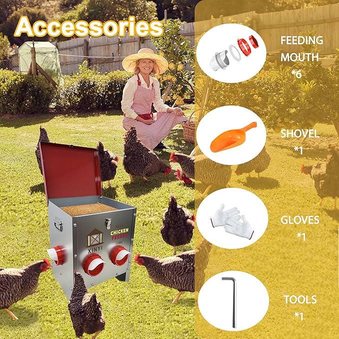 XINYI 7.1 Gallon Auto Chicken Feeder, 6 Ports Galvanized Chicken Feeder,Large Chicken Food Container No Waste & Rodent Proof Chicken Food Dispenser System, Weatherproof Duck Feeder
