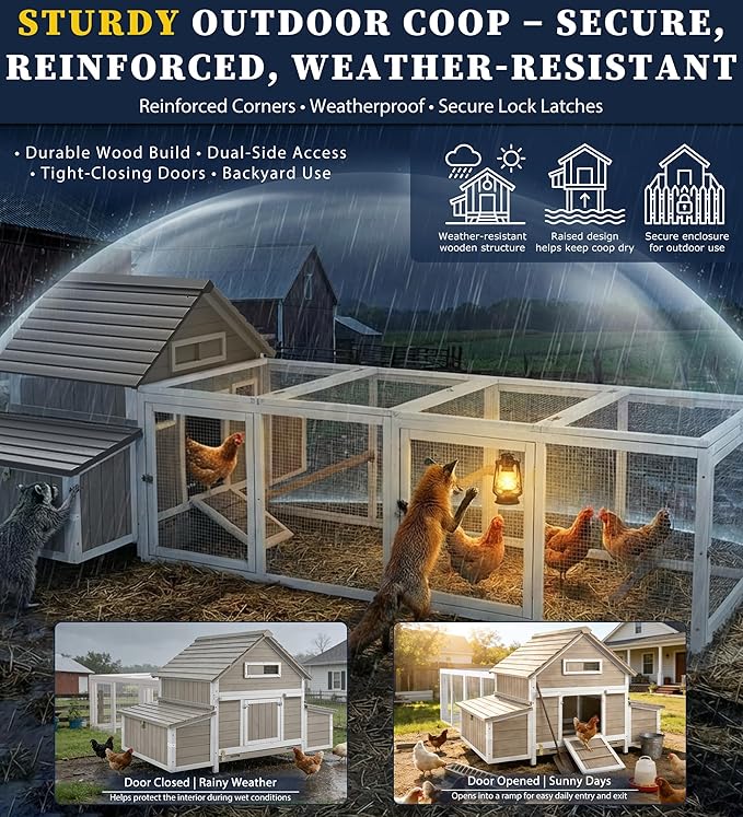 Large Wooden Chicken Coop with Run for 2–6 Chickens Outdoor Hen House with Raised Floor, Weatherproof Roof, 6 Nesting Boxes, 3 Perches & Slide-Out Tray Hen Coop for Backyard Poultry Pets