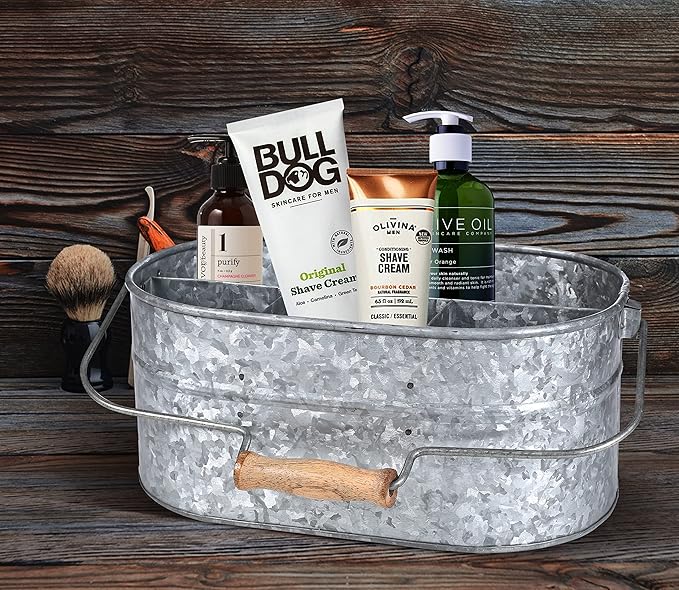 Light & Pro Multipurpose Galvanized Rustic Farmhouse Caddy - Metal 4 Compartment Storage Bin Caddy With Wooden Handle Perfect For Kitchen Utensils, Picnic, Garden Planter - Hammered - Antique Grey
