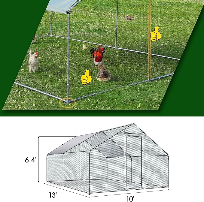 Betterhood Large Metal Chicken Coop Upgrade Tri-Supporting Wire Mesh Chicken Run,Chicken Pen with Water-Resident and Anti-UV Cover,Duck Rabbit House Outdoor(10’ W x 13’ L x 6.5’ H)