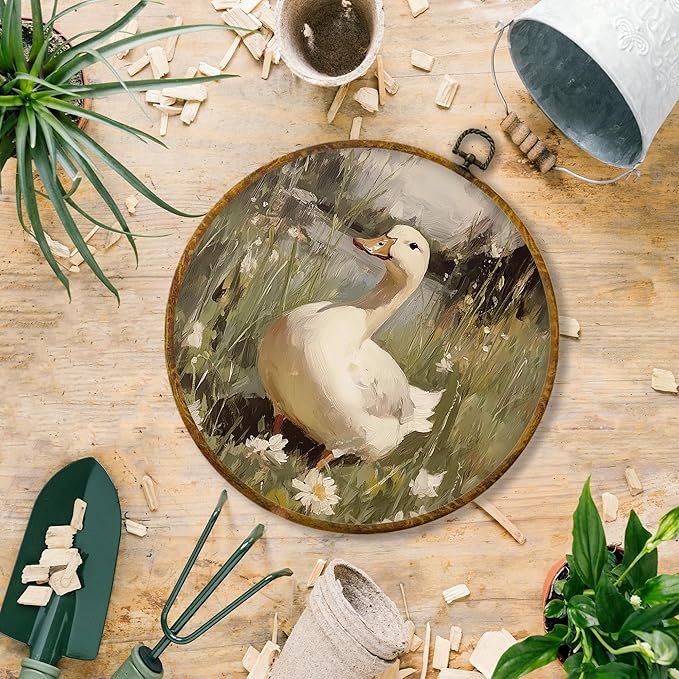 Hiuwevt Nature Wetland Duck Round Wall Art Decor, Rustic Country Floral Duck Hanging Canvas Prints Artwork Framed, Retro Cottagecore Circular Wall Decor for Home Bedroom Farmhouse, 10x10 Inch