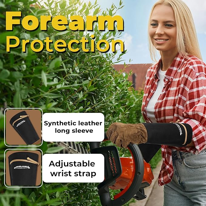 HANDLANDY Long Gardening Gloves for Men & Women, Pigskin Leather Rose Pruning Gloves, Breathable Thorn Proof Gauntlet Glove (Coffee Brown, L)
