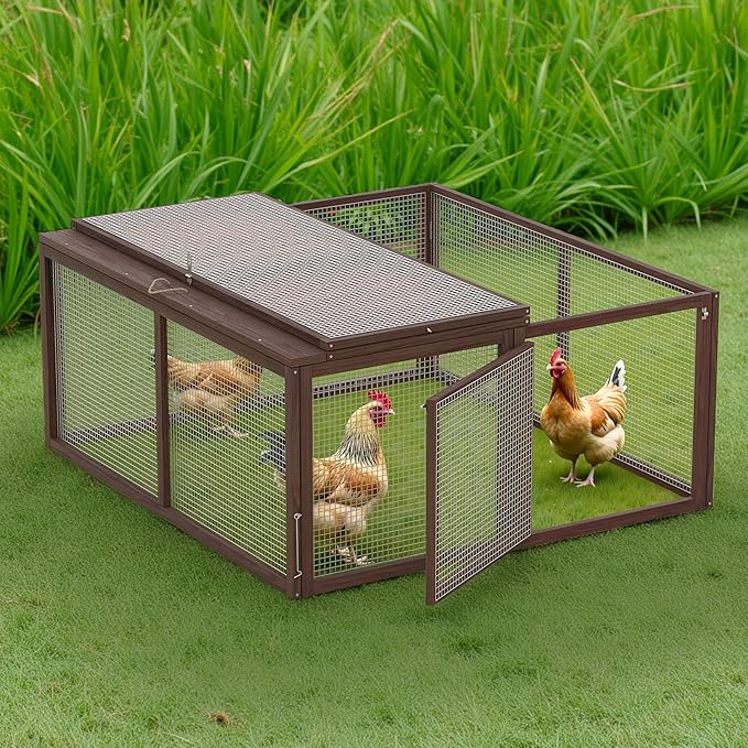 Portable Chicken Run Rabbit Hutch Folding Chicken Cage for Indoor/Outdoor,Top & Side Opening Doors Small Animal Pet Playpen No Assembly Required Poultry Pen 45"x 42"x 20" (Brown)